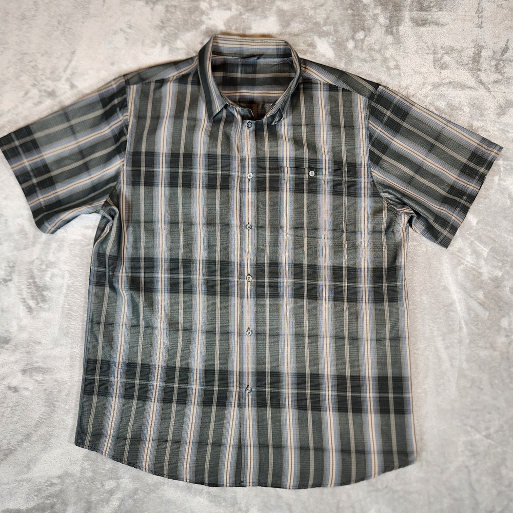 R&R Casuals‎ Button Up Shirt Men's XXL 2XL Gray Blue Beige Plaid Polyester